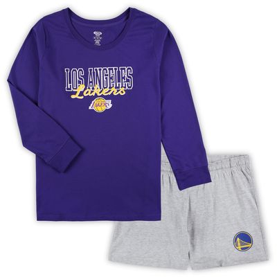 Women's Concepts Sport Purple/Heather Gray Los Angeles Lakers Plus Size Long Sleeve T-Shirt and Shorts Sleep Set