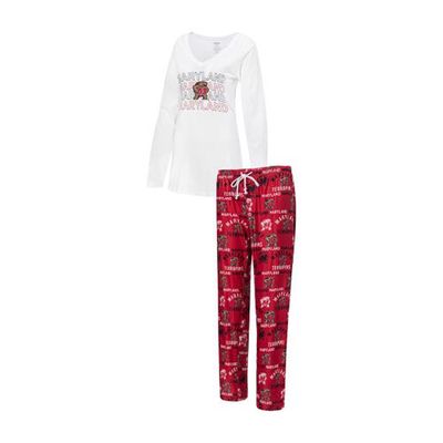 Women's Concepts Sport Red/White Maryland Terrapins Breakthrough Allover Print Long Sleeve V-Neck T-Shirt and Pants Sleep Set