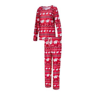 Women's Concepts Sport Red Wisconsin Badgers Flurry Ugly Sweater Long Sleeve T-Shirt & Pants Sleep Set