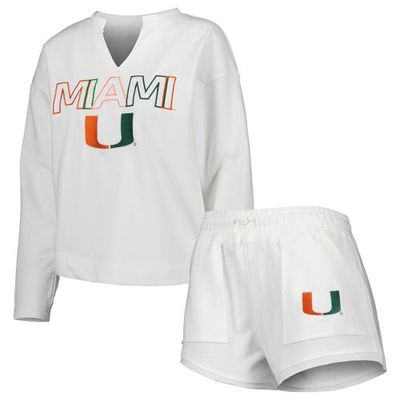 Women's Concepts Sport White Miami Hurricanes Sunray Notch Neck Long Sleeve T-Shirt & Shorts Set