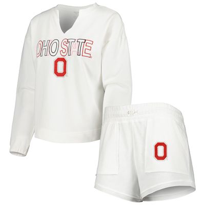 Women's Concepts Sport White Ohio State Buckeyes Sunray Notch Neck Long Sleeve T-Shirt & Shorts Set