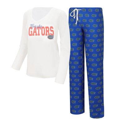 Women's Concepts Sport White/Royal Florida Gators Long Sleeve V-Neck T-Shirt & Gauge Pants Sleep Set