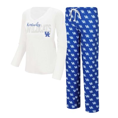 Women's Concepts Sport White/Royal Kentucky Wildcats Long Sleeve V-Neck T-Shirt & Gauge Pants Sleep Set