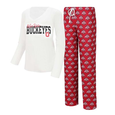 Women's Concepts Sport White/Scarlet Ohio State Buckeyes Long Sleeve V-Neck T-Shirt & Gauge Pants Sleep Set
