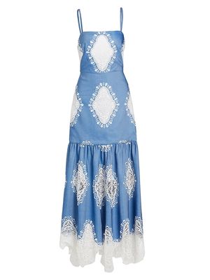 Women's Cordiela Lace-Embroidered Cotton-Blend Maxi Dress - Denim Ivory - Size 4