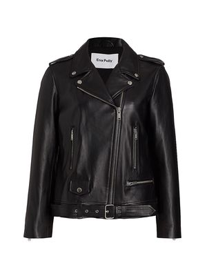 Women's Core Oversized New Yorker Leather Biker Jacket - Black Silver - Size 2 - Black Silver - Size 2