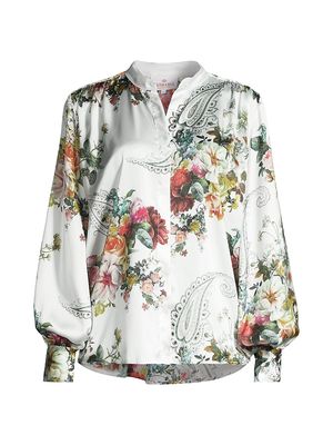 Women's Cornelia Balloon-Sleeve Satin Shirt - Posy - Size Large