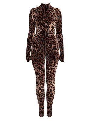 Women's Cotton-Blend Leopard-Print Catsuit - Jacquard - Size 0