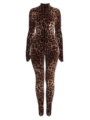 Women's Cotton-Blend Leopard-Print Catsuit - Jacquard - Size 14