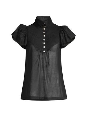 Women's Cotton Smocked Short-Sleeve Top - Black - Size Small - Black - Size Small