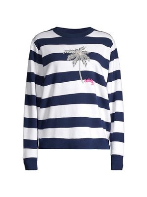 Women's Cotton Striped Beaded Palm Sweatshirt - Low Tide Navy - Size Medium