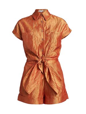 Women's Crinkled Tafetta Tie-Front Utilitarian Romper - Fire Orange - Size Medium