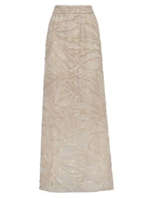 Women's Crispy Silk Maxi Column Skirt With Ramage Embroidery - Cool Beige - Size 4