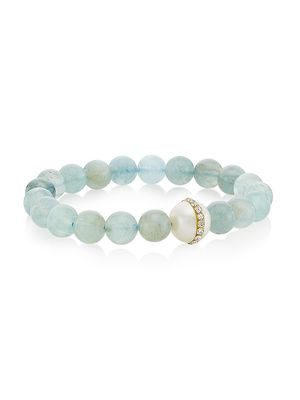 Women's Crystal, Freshwater Pearl & Aquamarine Beaded Stretch Bracelet - Aqua - Aqua