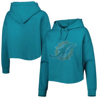 Women's Cuce Aqua Miami Dolphins Crystal Logo Cropped Pullover Hoodie