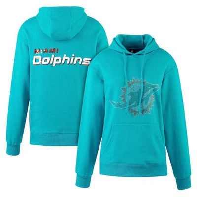 Women's Cuce Aqua Miami Dolphins Rhinestone Logo Wordmark Pullover Hoodie