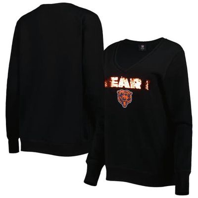 Women's Cuce Black Chicago Bears Sequin Logo V-Neck Pullover Sweatshirt