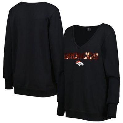 Women's Cuce Black Denver Broncos Sequin Logo V-Neck Pullover Sweatshirt