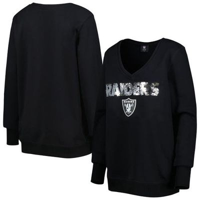 Women's Cuce Black Las Vegas Raiders Sequin Logo V-Neck Pullover Sweatshirt
