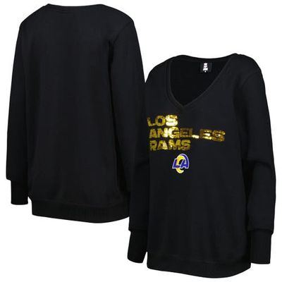 Women's Cuce Black Los Angeles Rams Sequin Logo V-Neck Pullover Sweatshirt