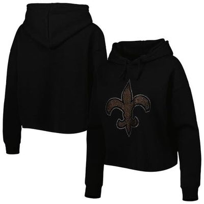 Women's Cuce Black New Orleans Saints Crystal Logo Cropped Pullover Hoodie