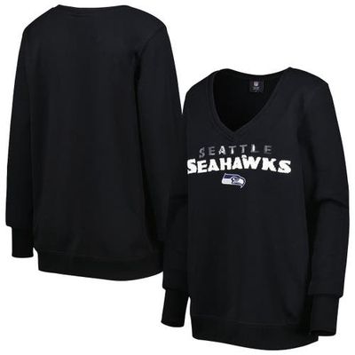 Women's Cuce Black Seattle Seahawks Sequin Logo V-Neck Pullover Sweatshirt