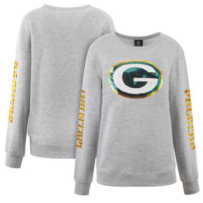 Women's Cuce Heather Gray Green Bay Packers Sequined Logo Pullover Sweatshirt