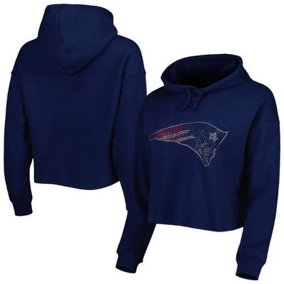 Women's Cuce Navy New England Patriots Crystal Logo Cropped Pullover Hoodie