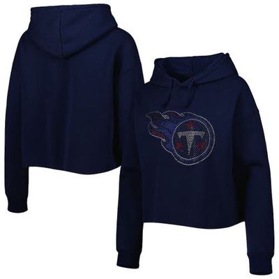 Women's Cuce Navy Tennessee Titans Crystal Logo Cropped Pullover Hoodie