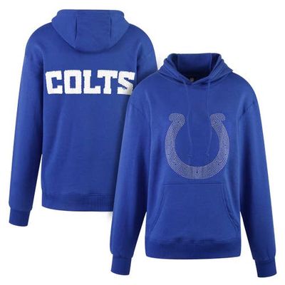 Women's Cuce Royal Indianapolis Colts Rhinestone Logo Wordmark Pullover Hoodie