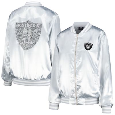Women's Cuce Silver Las Vegas Raiders Rhinestone Full-Zip Varsity Jacket