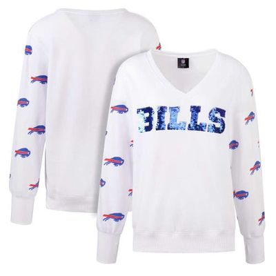 Women's Cuce White Buffalo Bills Sequin Fleece V-Neck T-Shirt