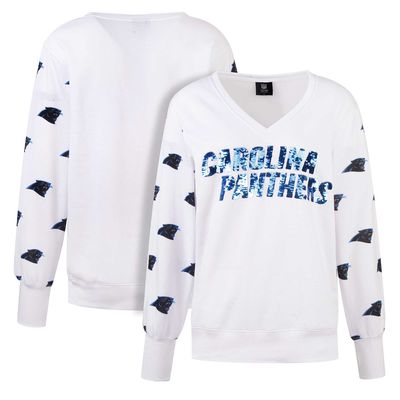 Women's Cuce White Carolina Panthers Sequin Fleece V-Neck T-Shirt