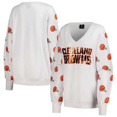 Women's Cuce White Cleveland Browns Sequin Fleece V-Neck T-Shirt