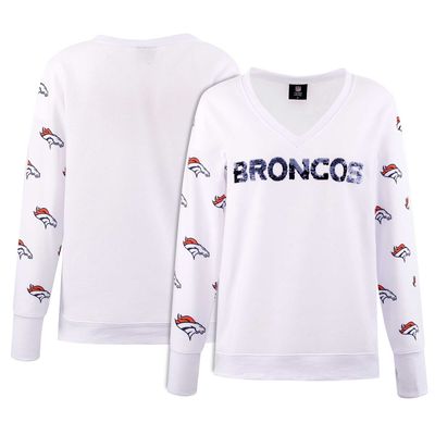 Women's Cuce White Denver Broncos Sequin Fleece V-Neck T-Shirt
