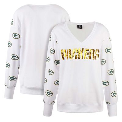 Women's Cuce White Green Bay Packers Sequin Fleece V-Neck T-Shirt