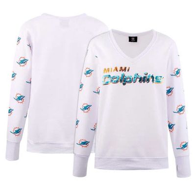 Women's Cuce White Miami Dolphins Sequin Fleece V-Neck T-Shirt