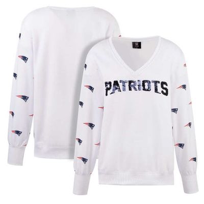 Women's Cuce White New England Patriots Sequin Fleece V-Neck T-Shirt