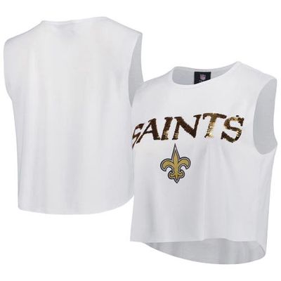 Women's Cuce White New Orleans Saints Sequin Tri-Blend Cropped Tank Top