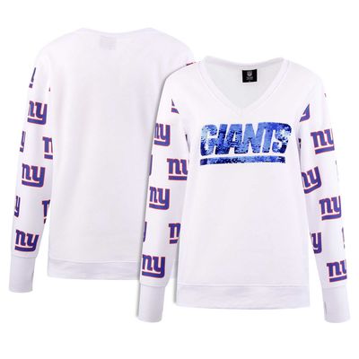 Women's Cuce White New York Giants Sequin Fleece V-Neck T-Shirt