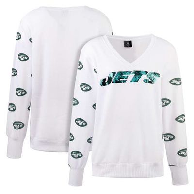 Women's Cuce White New York Jets Sequin Fleece V-Neck T-Shirt
