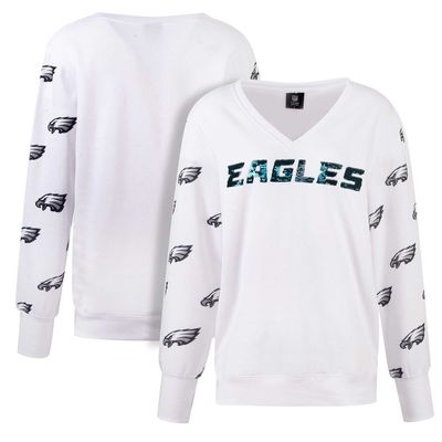 Women's Cuce White Philadelphia Eagles Sequin Fleece V-Neck T-Shirt