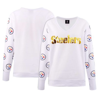 Women's Cuce White Pittsburgh Steelers Sequin Fleece V-Neck T-Shirt