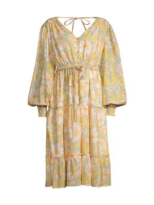 Women's Daisy Floral Chiffon Drawstring Midi-Dress - Daisy Floral - Size XS