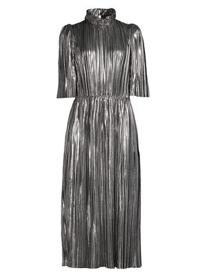 Women's Diane Metallic Pleated High-Neck Midi-Dress - Silver - Size 10
