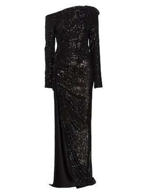 Women's Dimitra Draped Sequin-Embroidered Gown - Black - Size 2 - Black - Size 2
