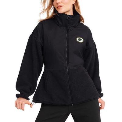 Women's DKNY Sport Black Green Bay Packers Drew Mixed Media Full-Zip Jacket