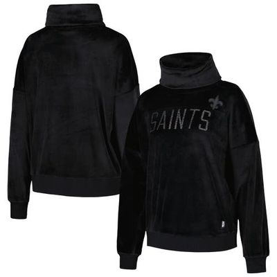 Women's DKNY Sport Black New Orleans Saints Deliliah Rhinestone Funnel Neck Pullover Sweatshirt