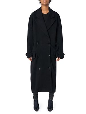 Women's Double-Breasted Cotton Long Coat - Black - Size Large - Black - Size Large