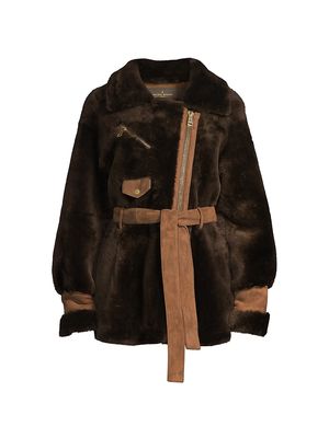 Women's Elizabeth Belted Shearling Jacket - Chocolate - Size Small